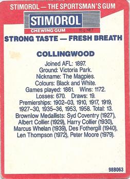 1990 AFL Scanlens Stimorol #49 Collingwood Magpies Back